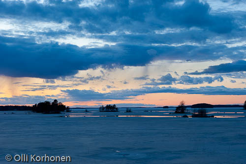 Auringonlasku, sininen, jää, pilvet, punainen, taivas