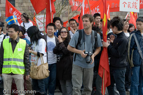 Tukholma 2008, mielenosoitus Pekingin olympialaisten puolesta.