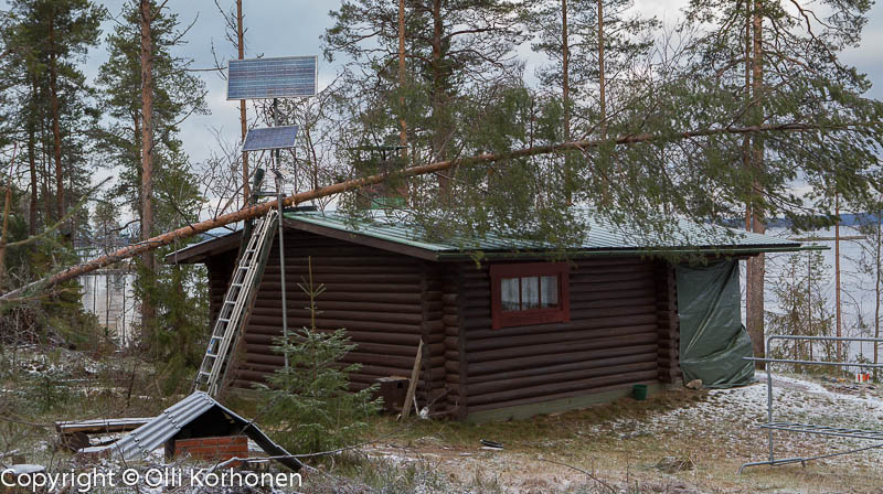 Eino-myrskyn kesämökin katolle kaatama puu. Konnevesi Istunmäki.