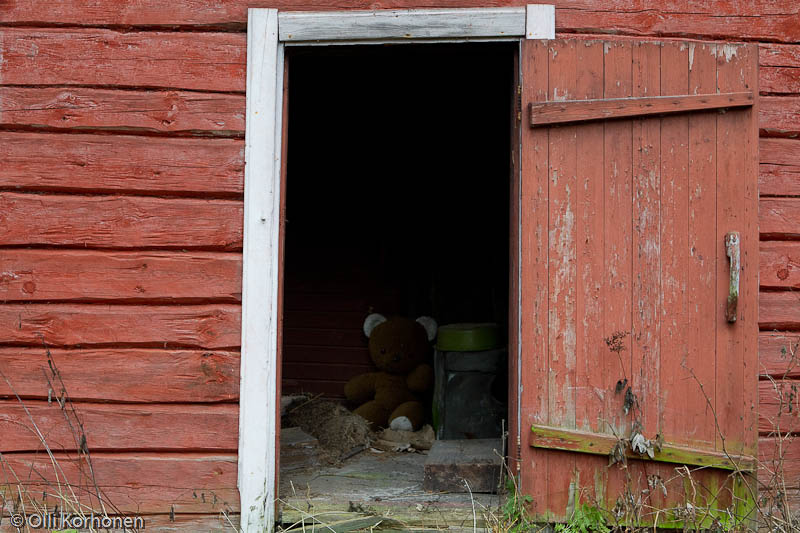 Hylätty Nalle autiotalon saunan pesuhuoneessa.